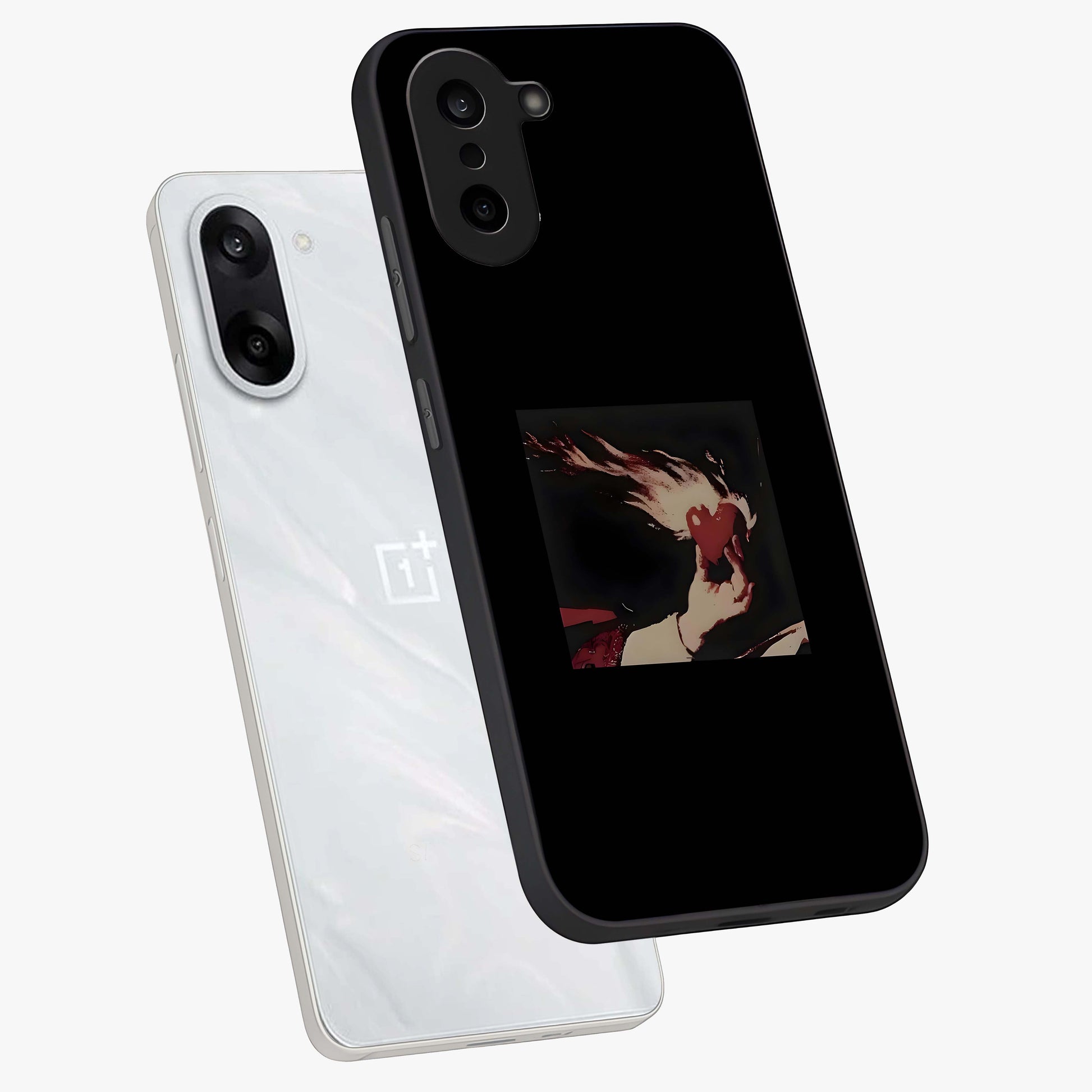 Blazing Heart Faith Glass Case for 1+Nord CE 5 captured at a warm angle highlighting bold flame tones, gloss, and edge clarity.