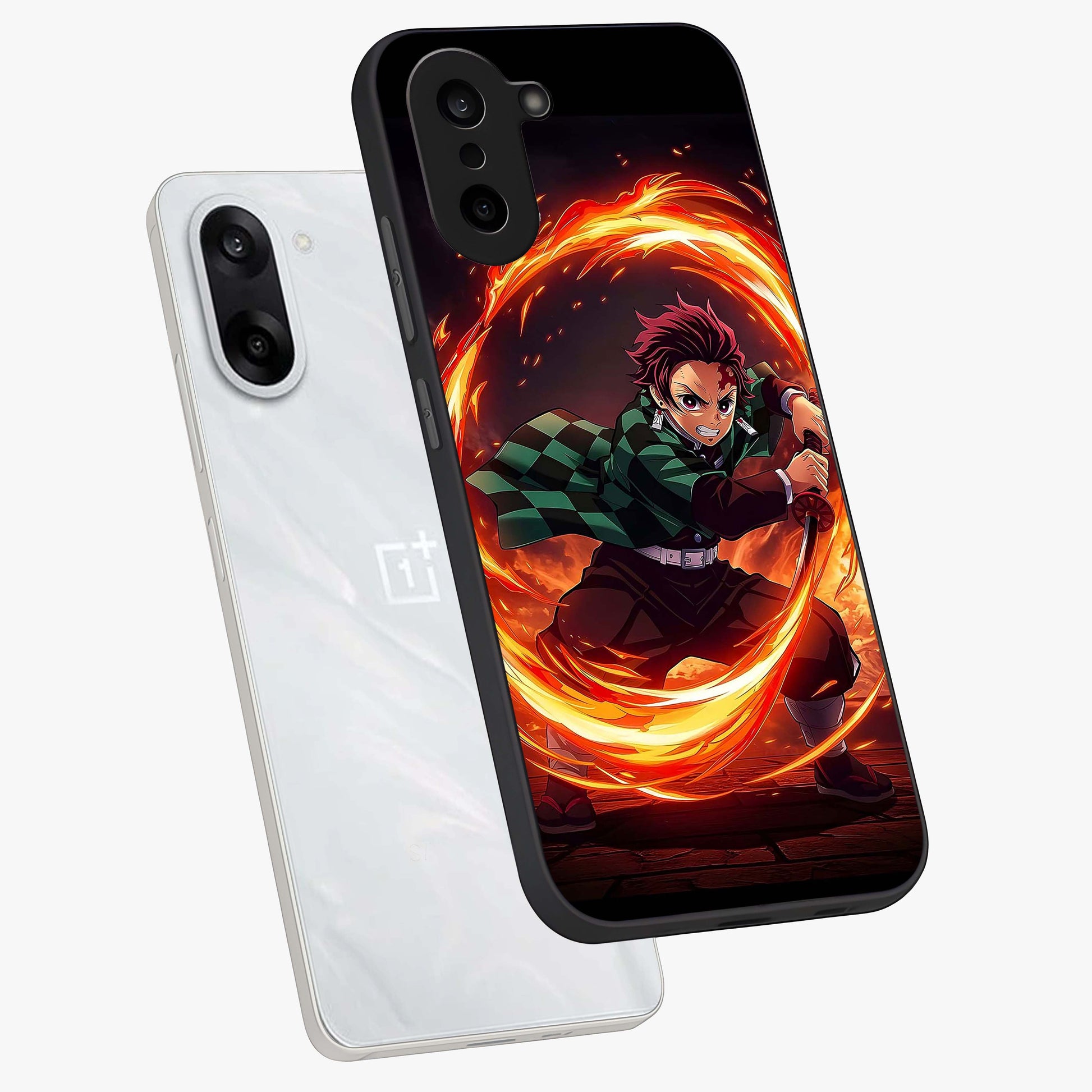 Blazing Sword Resolve Glass Case for 1+Nord CE 5 captured at a warm angle highlighting sharp fiery details, gloss, and edge clarity.