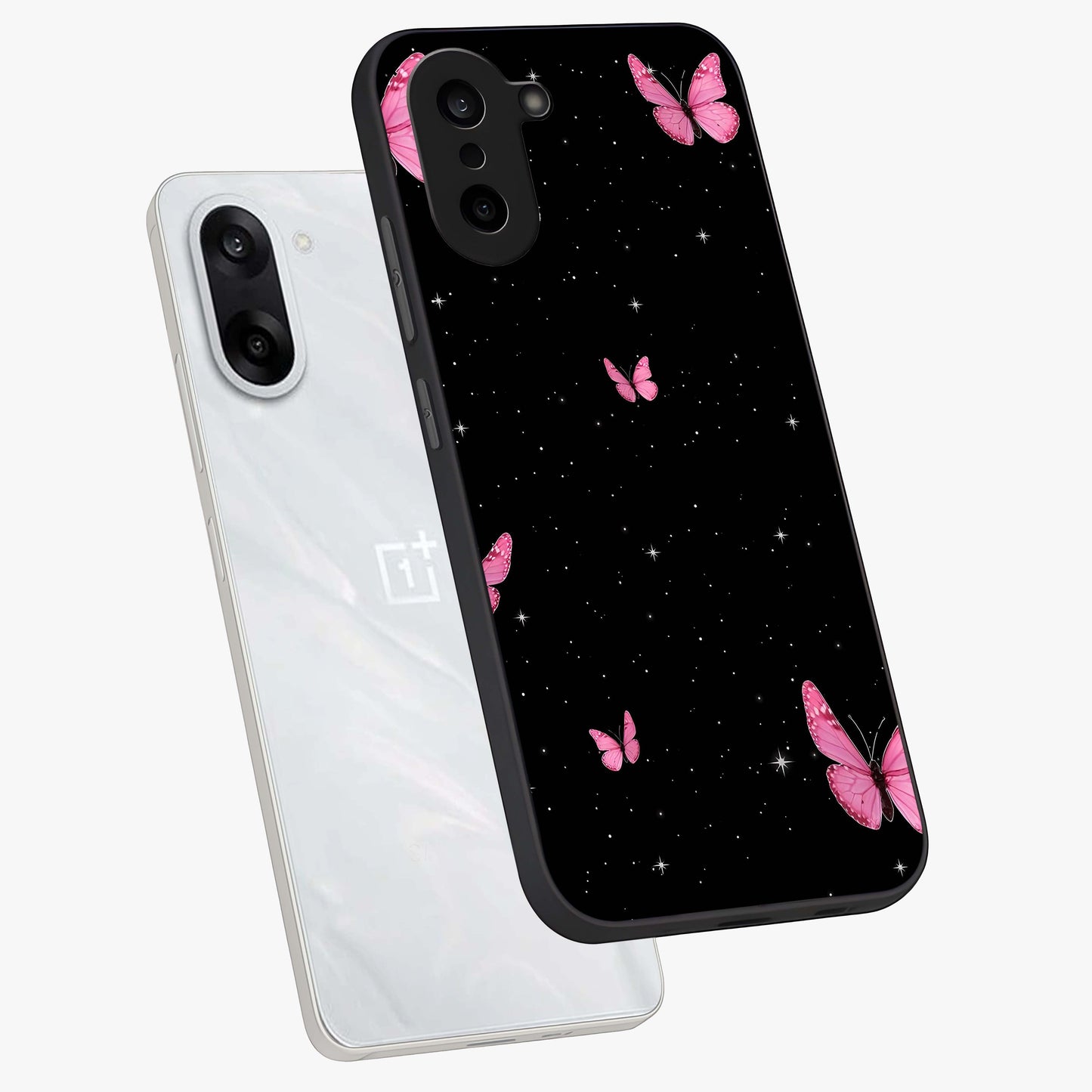 Blinking Butterfly Glass Case for 1+Nord Ce 5 captured at a warm angle highlighting soft wing details, gloss, and edge clarity.