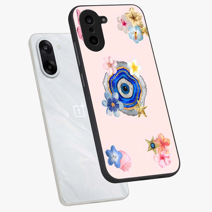 Blossom Evil Charm Glass Case for 1+Nord Ce 5 angled mockup showcasing glossy finish and protective charm design