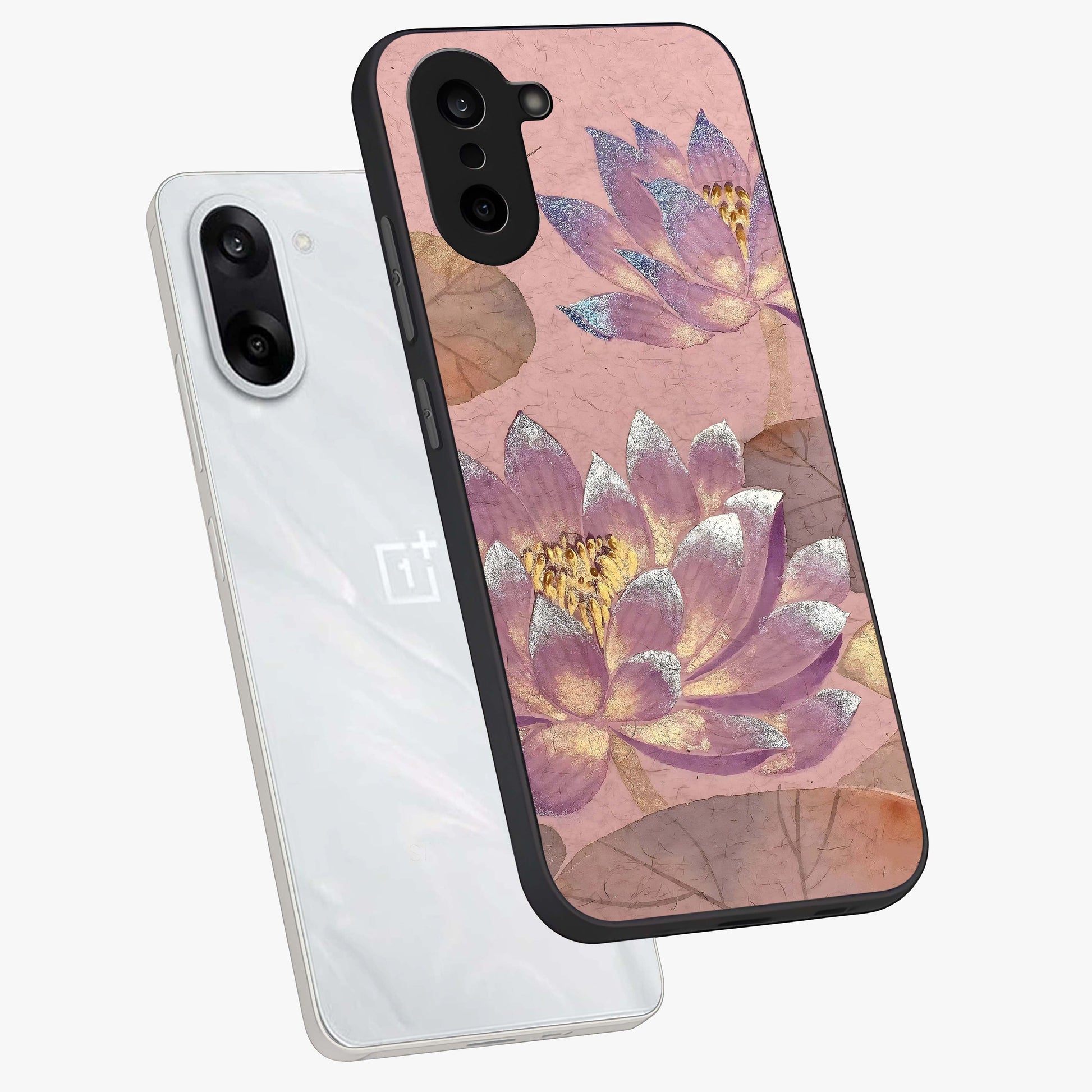 Blossom Mist Lotus Glass Case for 1+Nord CE 5 angled mockup showcasing glossy finish and peaceful floral detailing