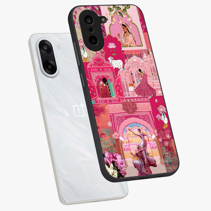 Blossoms of Rajasthan Glass Case for 1+Nord CE 5 angled mockup showcasing glossy finish and rich cultural patterns