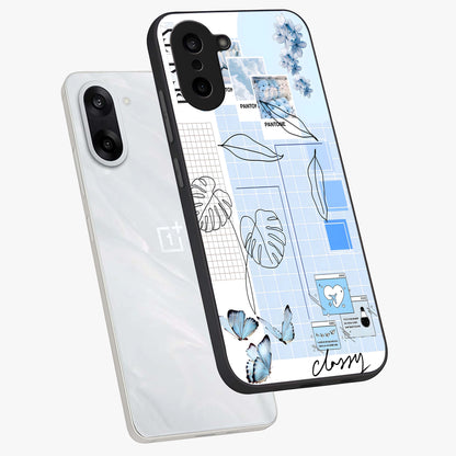 Blue Aesthetic Flower Glass Case for 1+Nord CE 5 angled mockup showcasing glossy finish and delicate bloom design