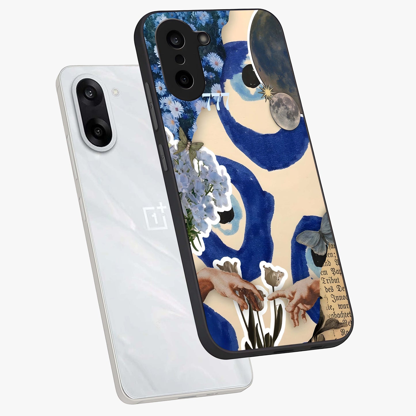 Blue Evil Divine Glass Case for 1+Nord CE 5 angled mockup showcasing glossy finish and striking blue symbol design