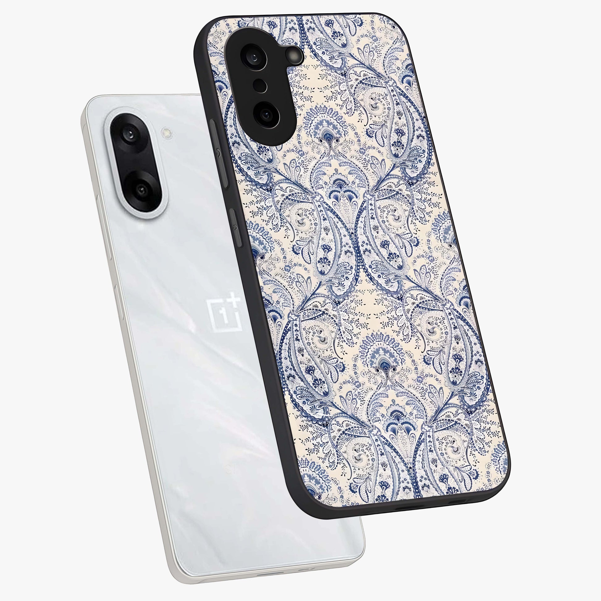 Blue Paisley Bloom Glass Case for 1+Nord Ce 5 angled mockup showcasing glossy finish and detailed ornamental design