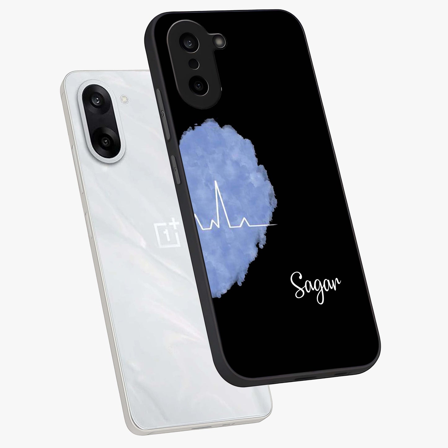 Blue Pulse Bond Glass Case for 1+Nord CE 5 angled mockup showcasing glossy glass finish and vibrant energy design