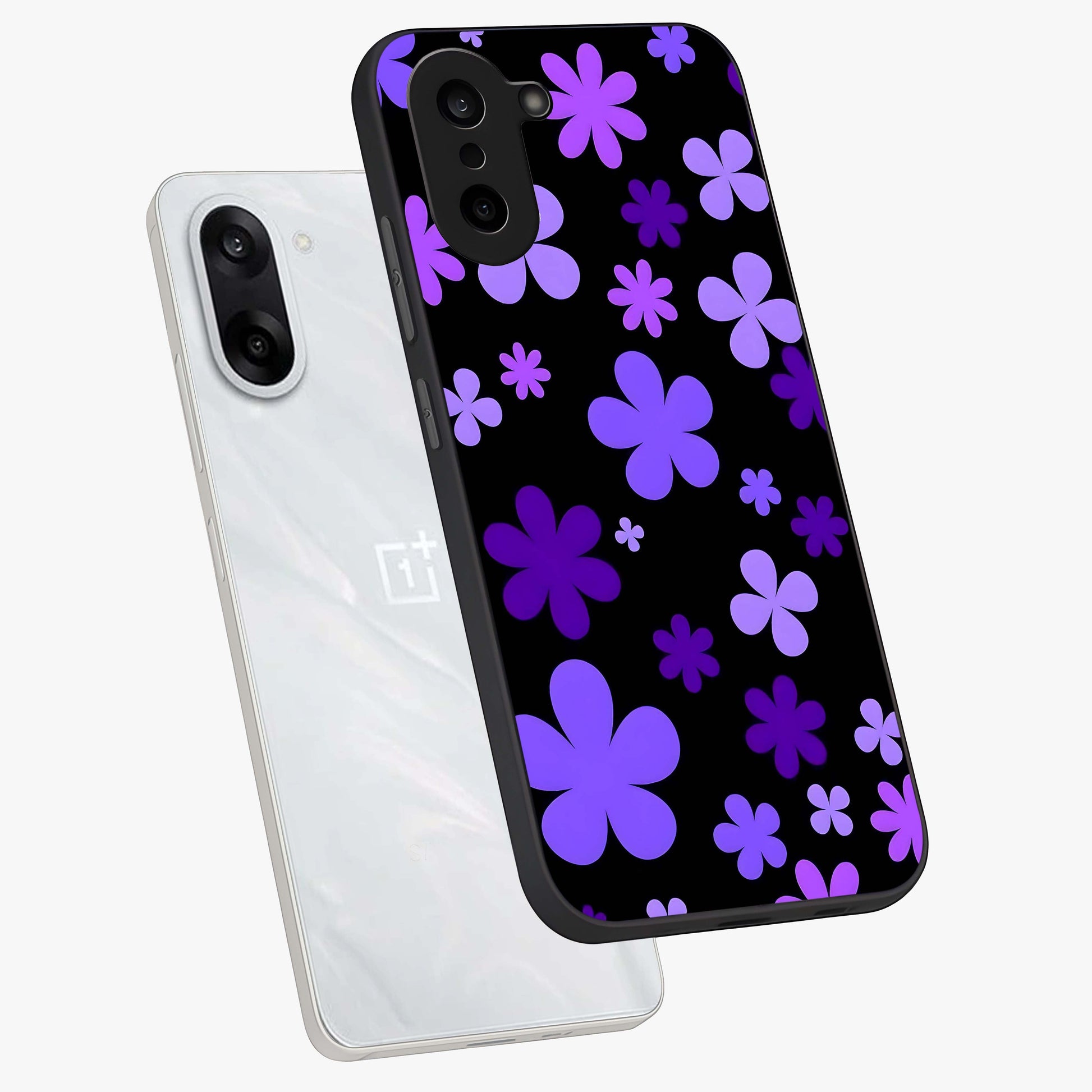 Blue Retro Pop Flowers Glass Case for 1+Nord CE 5 angled mockup showcasing glossy finish and playful pop flower design