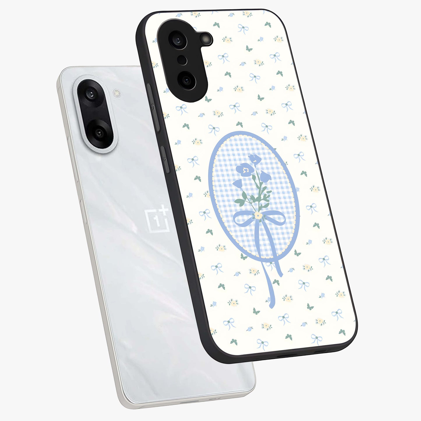 Blue Ribbon Bloom Glass Case for 1+Nord CE 5 angled mockup showcasing glossy finish and delicate bloom detailing