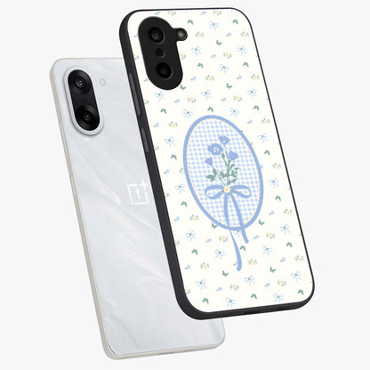 Blue Ribbon Bloom Glass Case for 1+Nord CE 5 angled mockup showcasing glossy finish and delicate bloom detailing