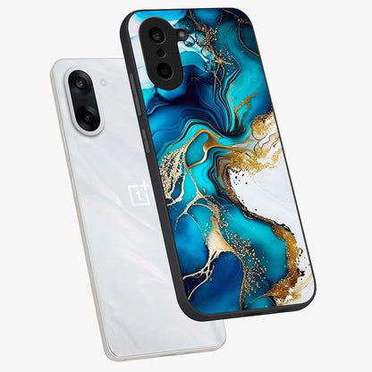 Blue and White Marble With Golden Viens Art Glass Case for 1+Nord Ce 5 angled mockup showcasing glossy finish and premium marble pattern