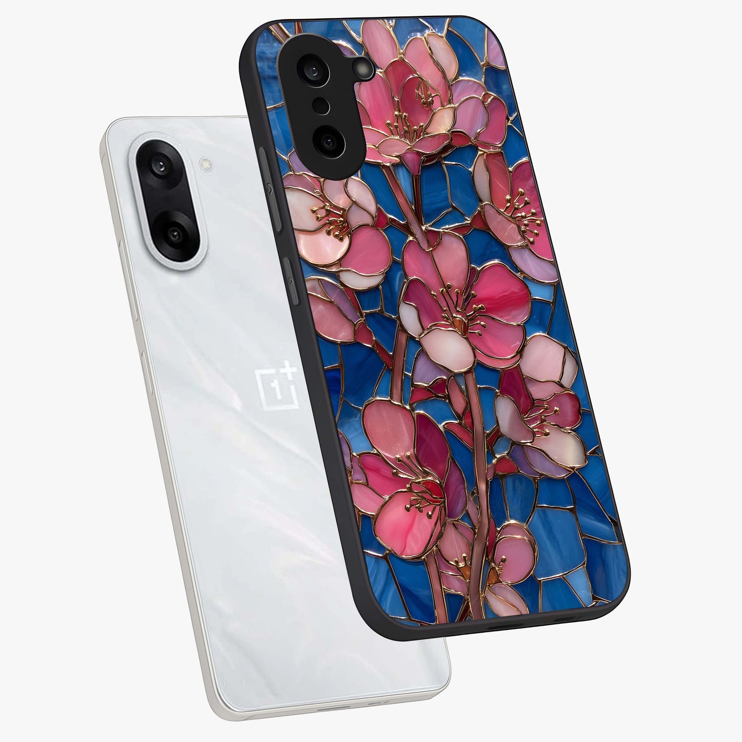 Blush Bloom Glass Case for 1+Nord Ce 5 angled mockup showcasing glossy finish and elegant bloom design