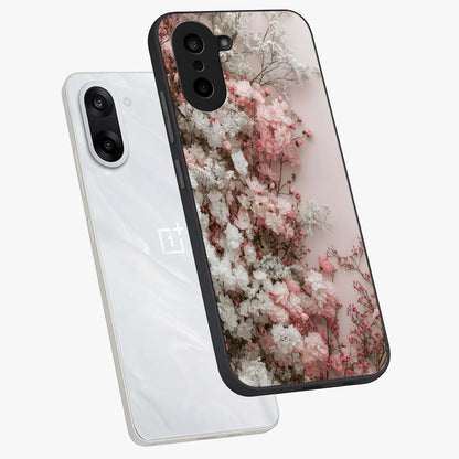 Blush Blossom Cloud Glass Case for 1+Nord CE 5 angled mockup showcasing glossy finish and pastel floral design
