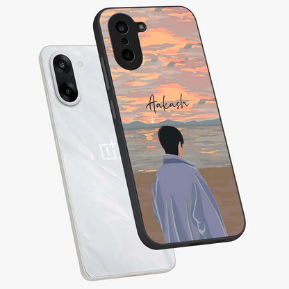 Boy Facing Sunset Beach Glass Case for 1+Nord CE 5 angled mockup showcasing glossy finish and warm beach tones