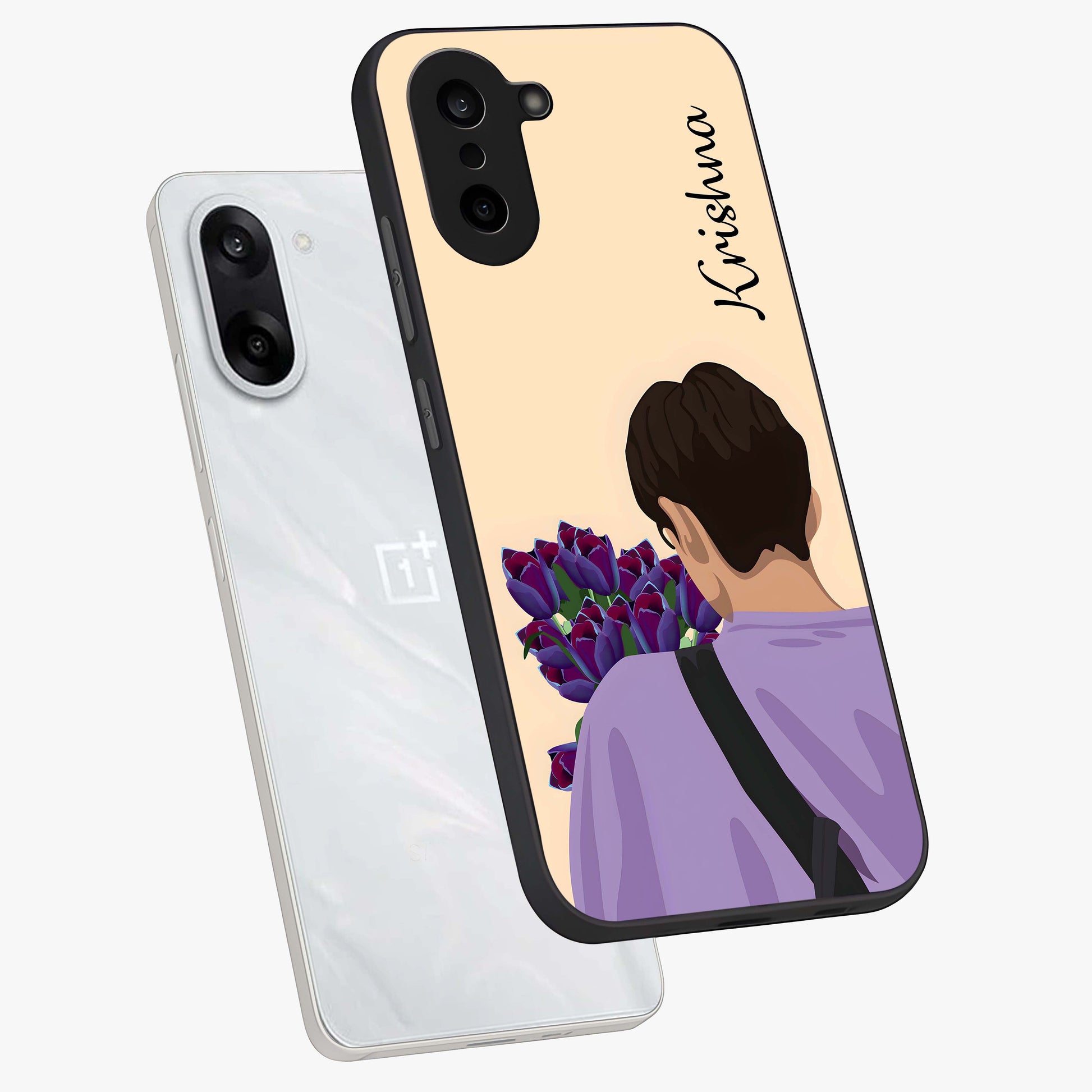 Boy Holding Flowers Glass Case for 1+Nord CE 5 angled mockup showcasing glossy finish and gentle pastel artwork