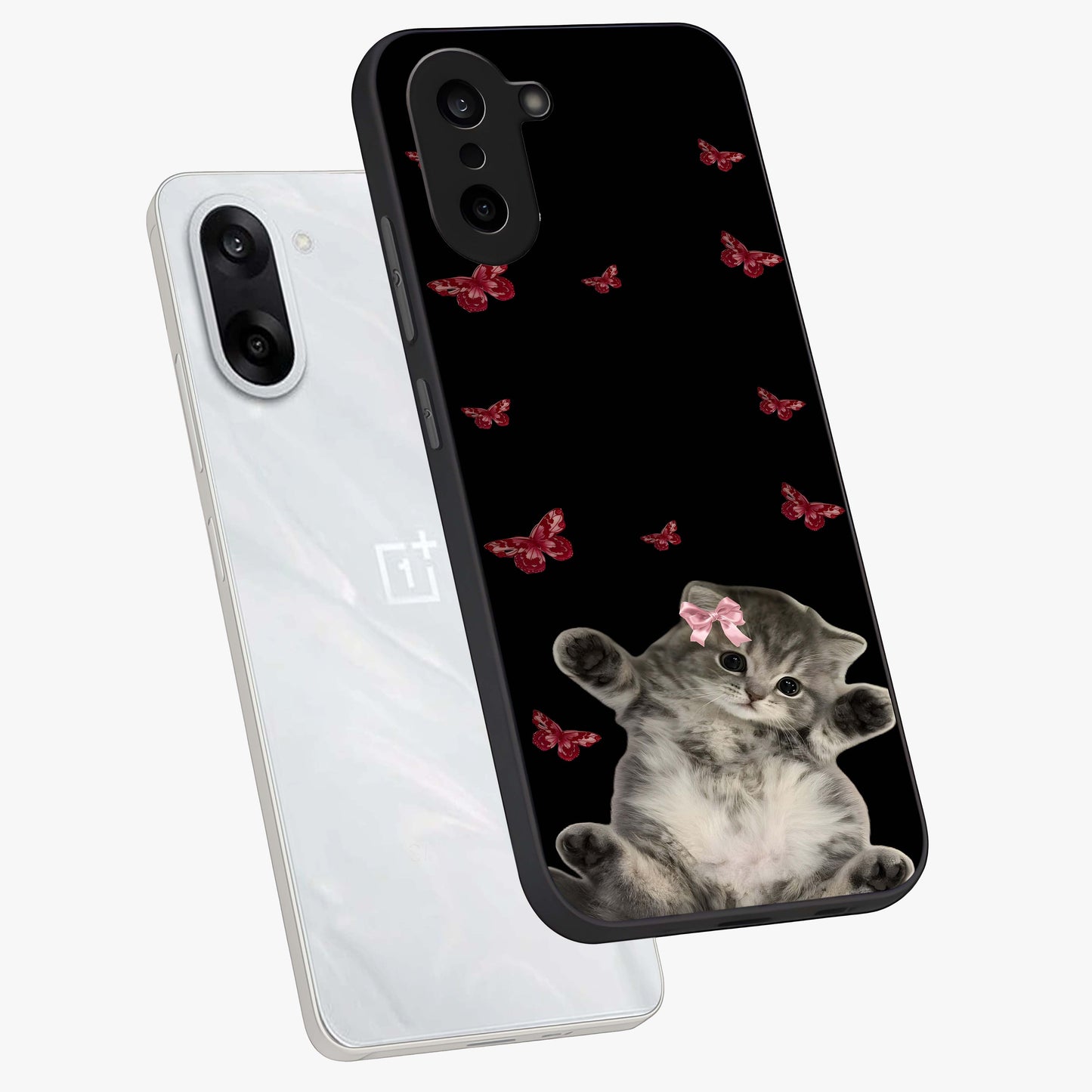 Butterfly Cat Bliss Glass Case for 1+Nord Ce 5 angled mockup showcasing glossy finish and soft pastel tones