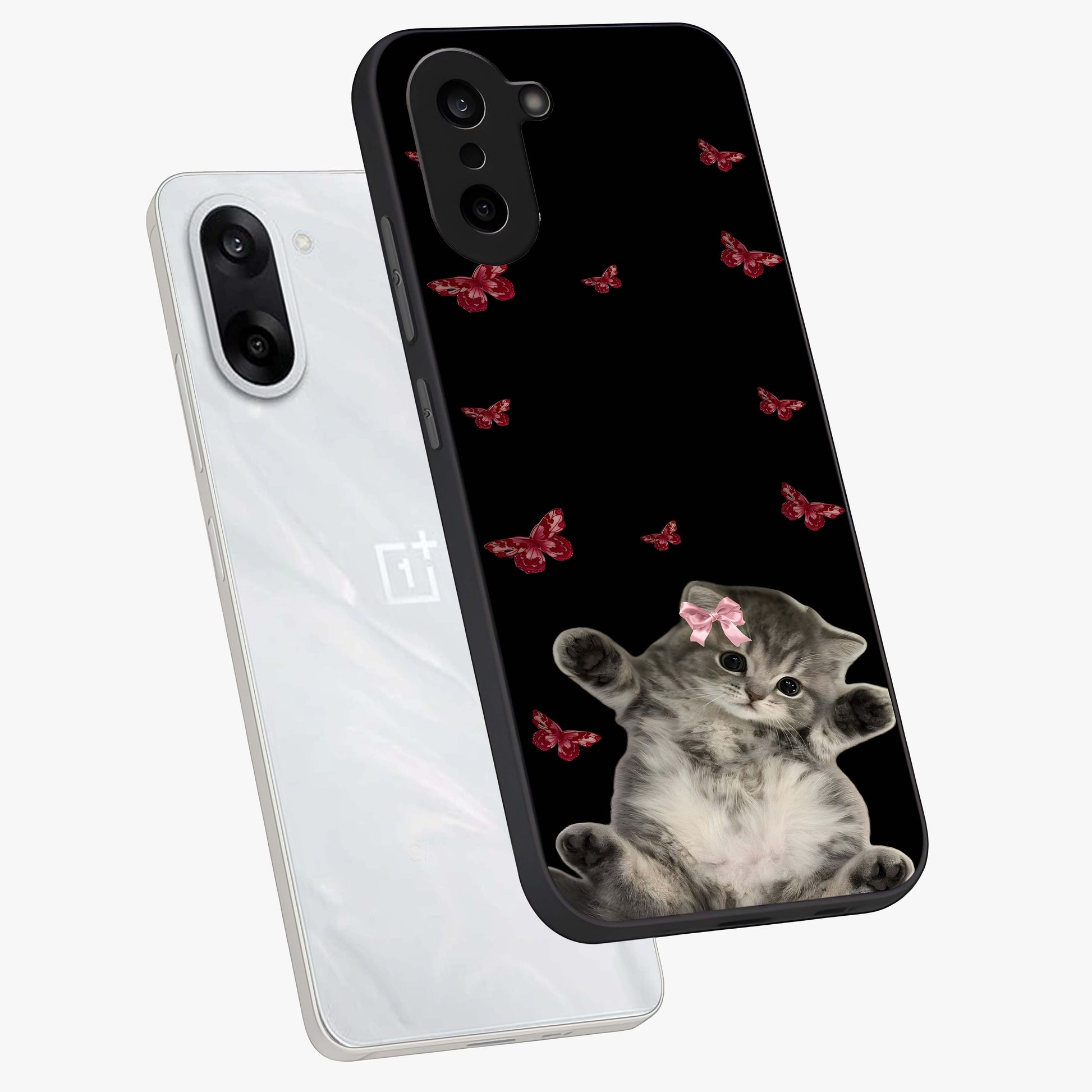 Butterfly Cat Bliss Glass Case for 1+Nord Ce 5 angled mockup showcasing glossy finish and soft pastel tones