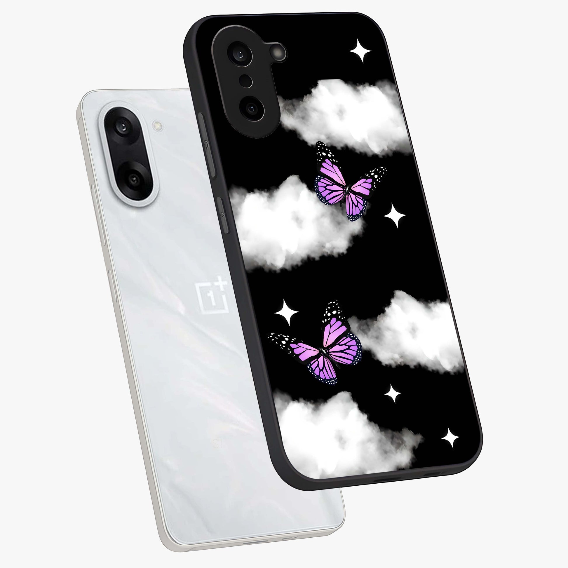 Butterfly Night Drift Glass Case for 1+Nord CE 5 angled mockup showcasing glossy finish and deep midnight gradients
