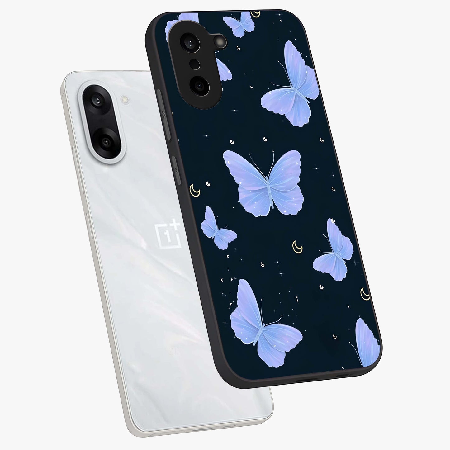 Butterfly With Stars Pattern Glass Case for 1+Nord CE 5 angled mockup showcasing glossy finish and celestial inspired design