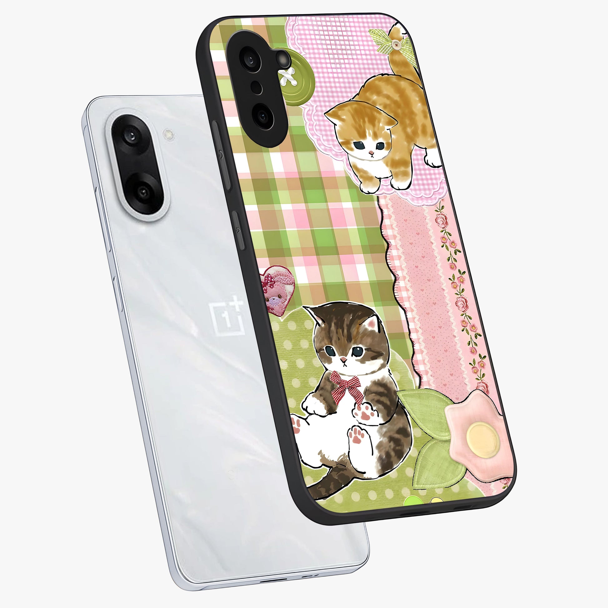 Cats Sweet Button Glass Case for 1+Nord CE 5 angled mockup showcasing glossy finish and charming character design
