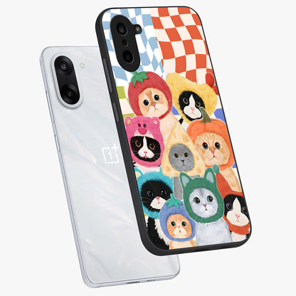 Cats in Fruits Glass Case for 1+Nord CE 5 angled mockup showcasing glossy finish and colorful aesthetic design