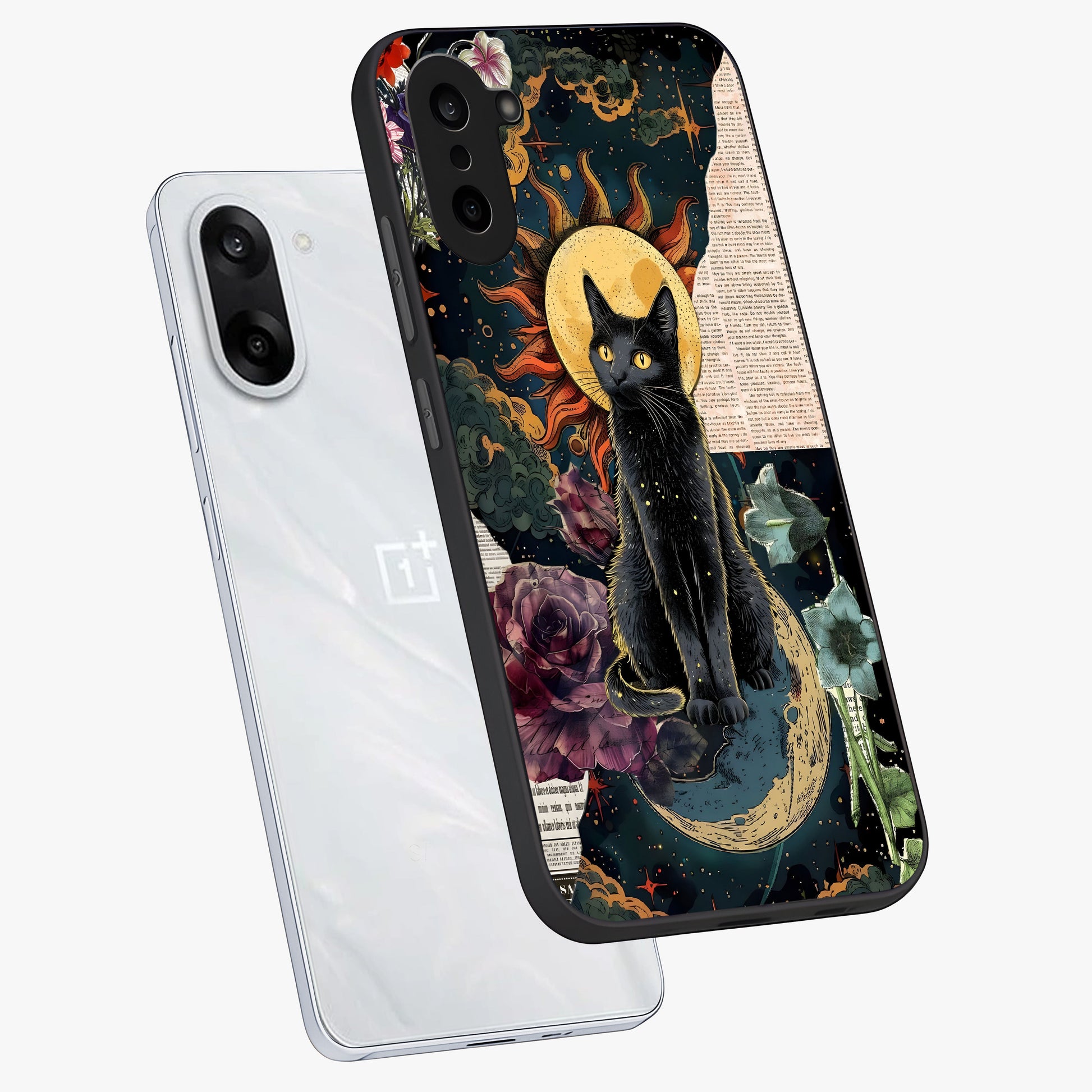 Celestial Black Cat Glass Case for 1+Nord CE 5 angled mockup showcasing glossy finish and celestial glow detailing