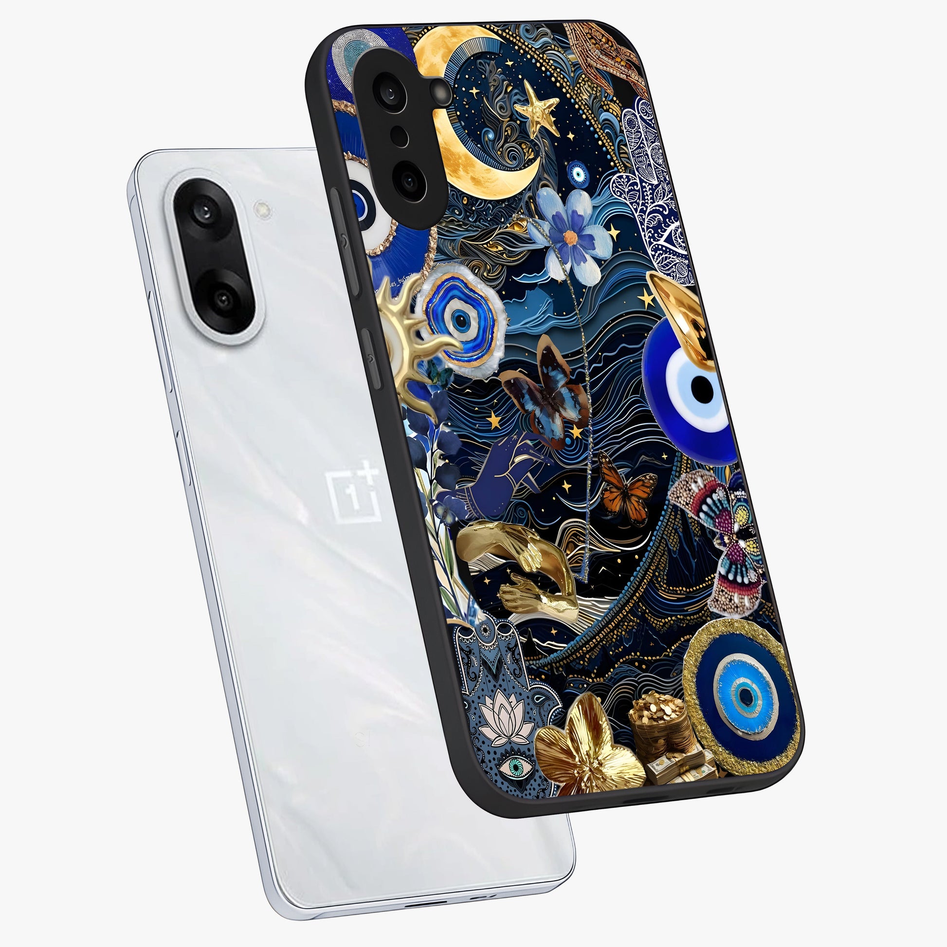 Celestial Blessing Shield Glass Case for 1+Nord CE 5 angled mockup showcasing glossy finish and divine design elements