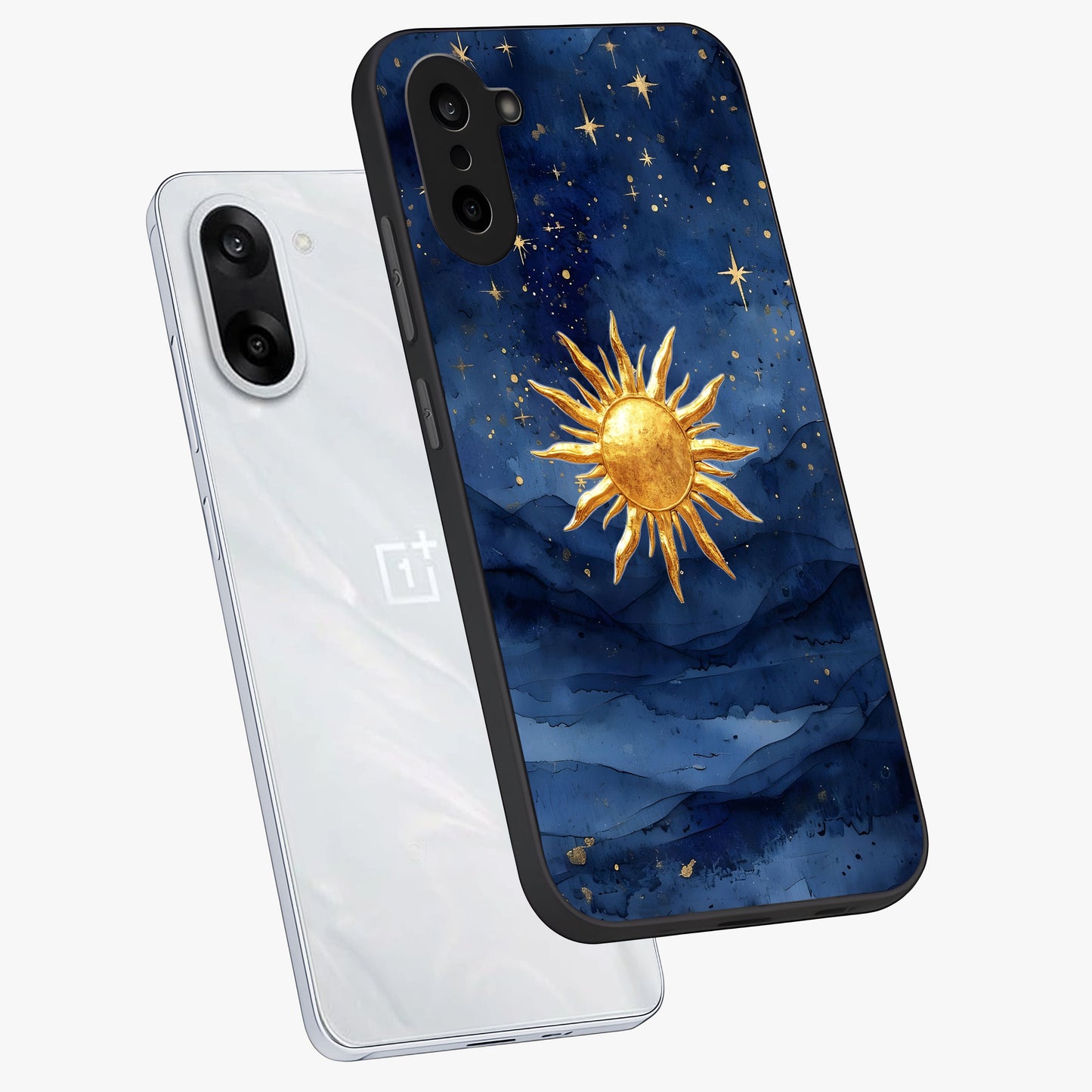 Celestial Blue Glow Glass Case for 1+Nord CE 5 angled mockup showcasing glossy finish and luminous celestial tones