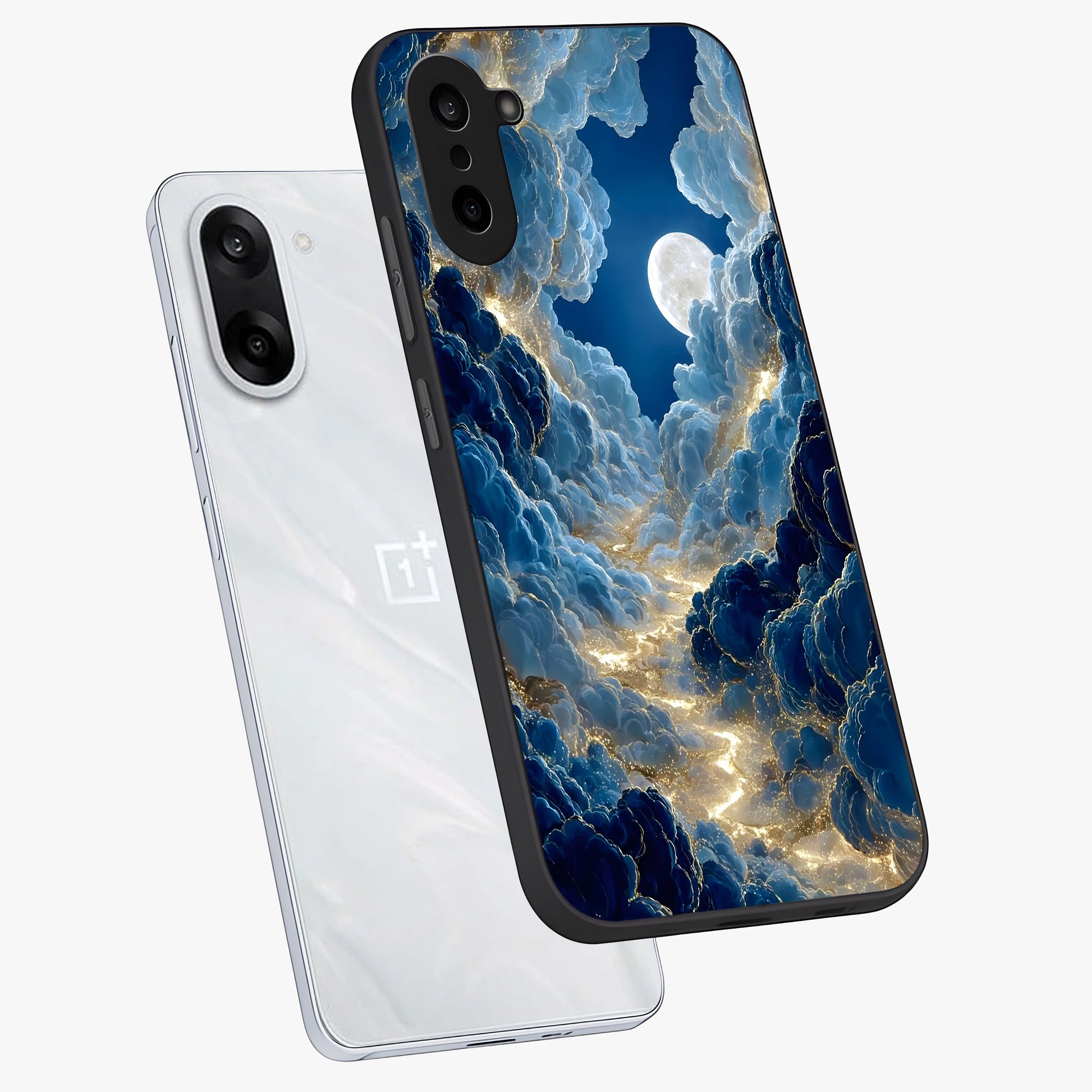 Celestial Cloud Path Glass Case for 1+Nord CE 5 angled mockup showcasing glossy finish and soft celestial gradients