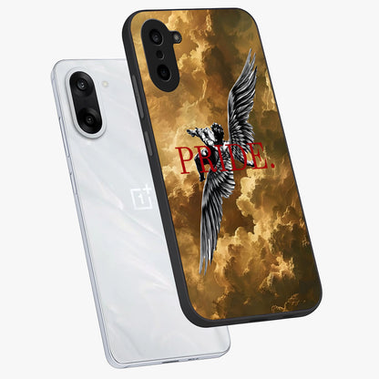 Celestial Fallen Pride Glass Case for 1+Nord CE 5 angled mockup showcasing glossy glass finish and intense night sky detailing