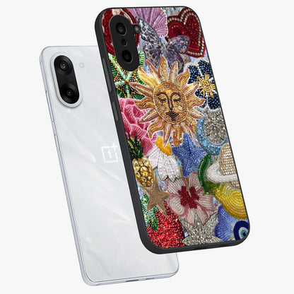 Celestial Floral and Playful Glass Case for 1+Nord CE 5 angled mockup showcasing glossy finish and colorful celestial detailing