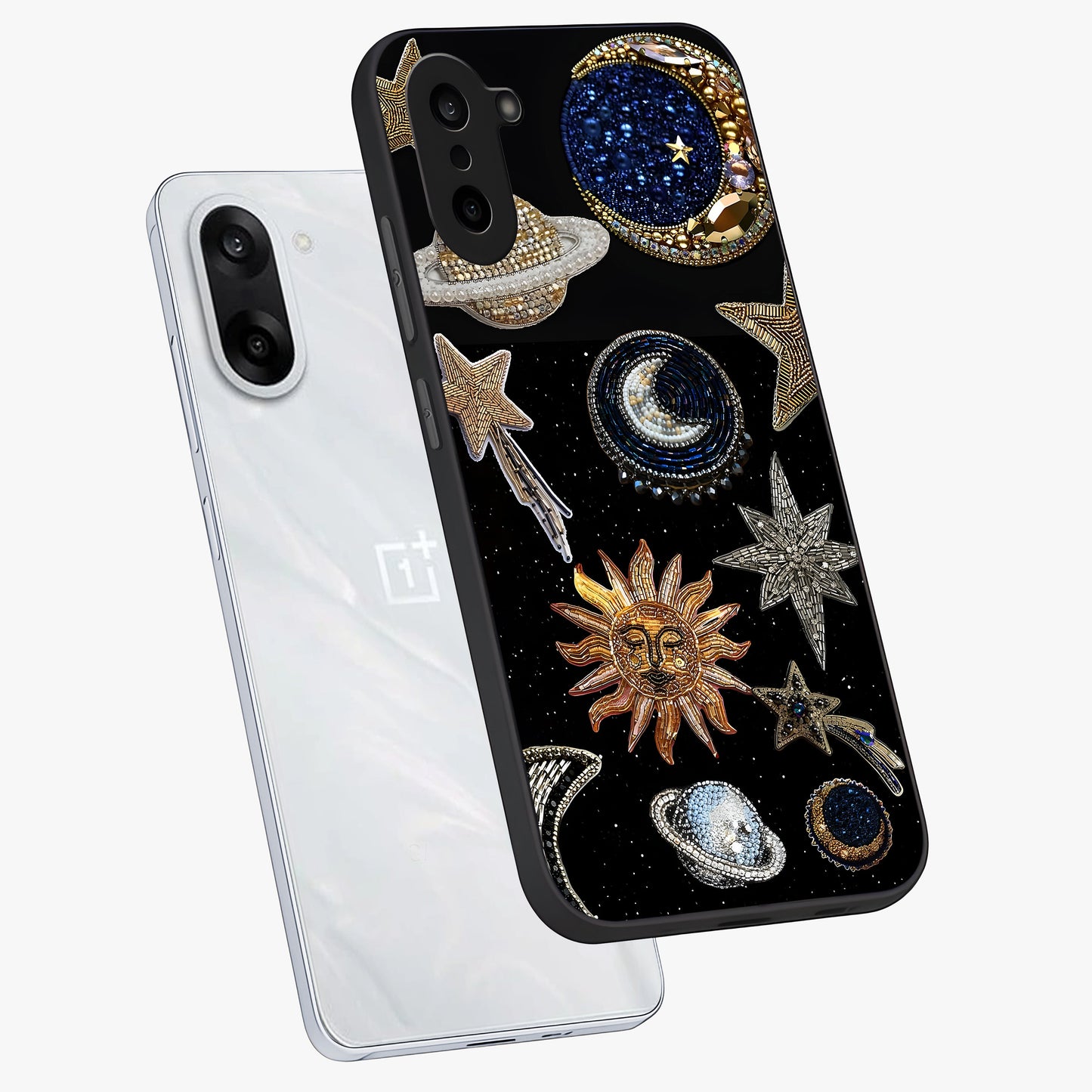 Celestial Gem Constellations Glass Case for 1+Nord CE 5 angled mockup showcasing glossy finish and sparkling cosmic design