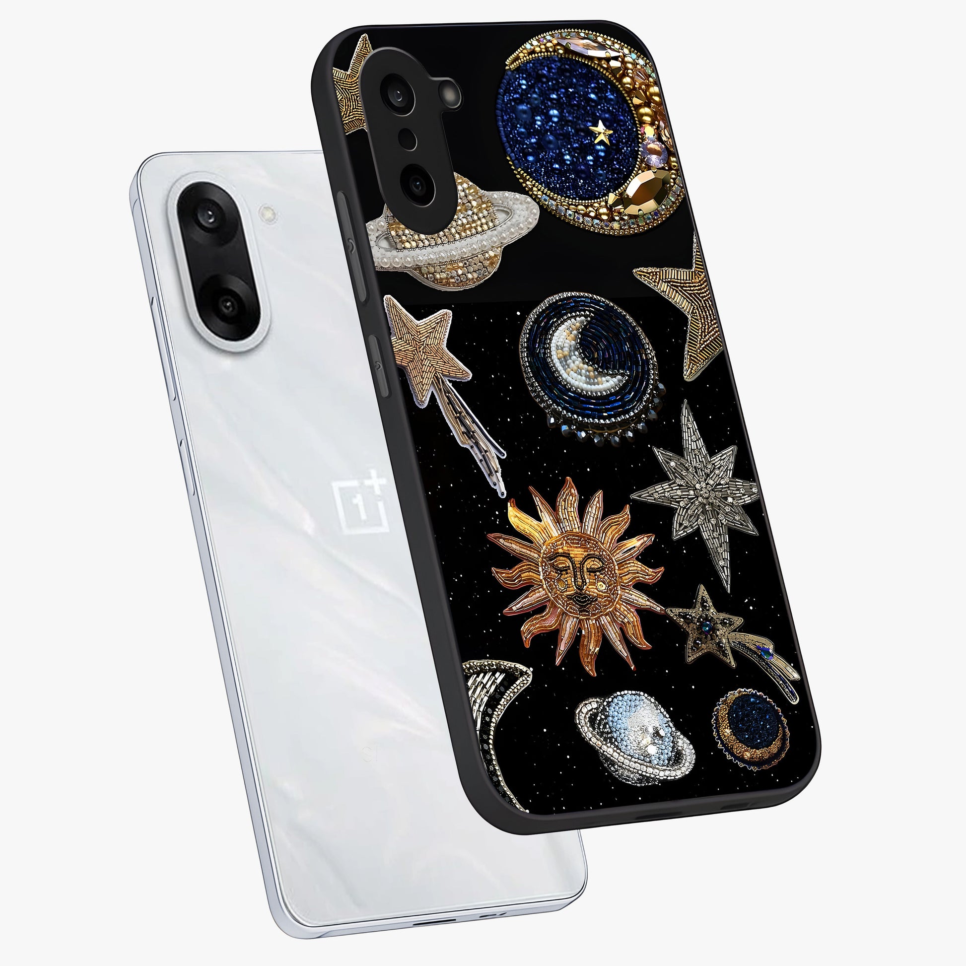 Celestial Gem Constellations Glass Case for 1+Nord CE 5 angled mockup showcasing glossy finish and sparkling cosmic design