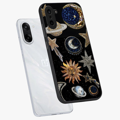Celestial Gem Constellations Glass Case for 1+Nord CE 5 angled mockup showcasing glossy finish and sparkling cosmic design