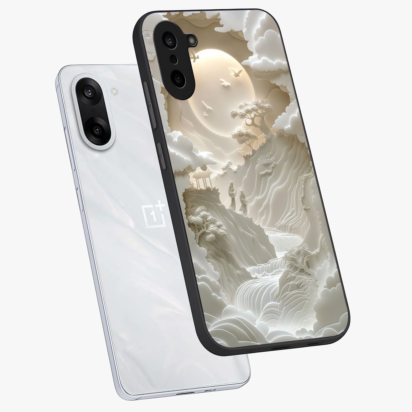 Celestial Origami Glass Case for 1+Nord CE 5 angled mockup showcasing glossy finish and geometric celestial design