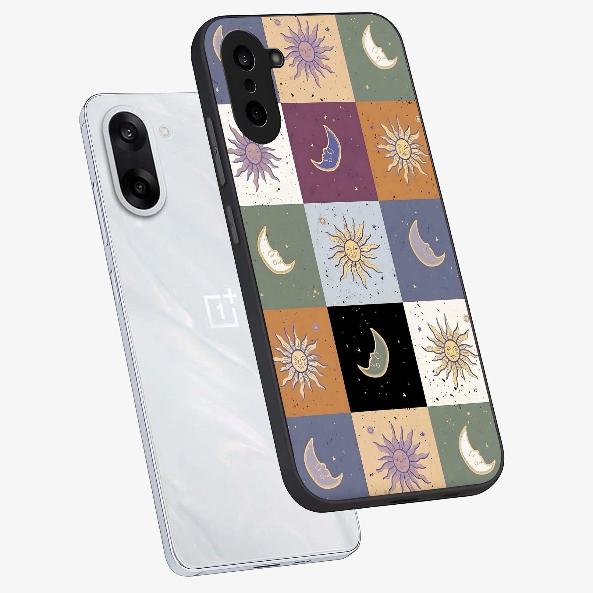 Celestial Patchwork Dreams Glass Case for 1+Nord CE 5 angled mockup showcasing glossy finish and layered celestial textures