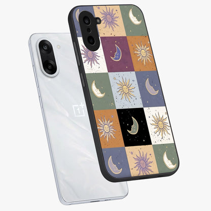 Celestial Patchwork Dreams Glass Case for 1+Nord CE 5 angled mockup showcasing glossy finish and layered celestial textures