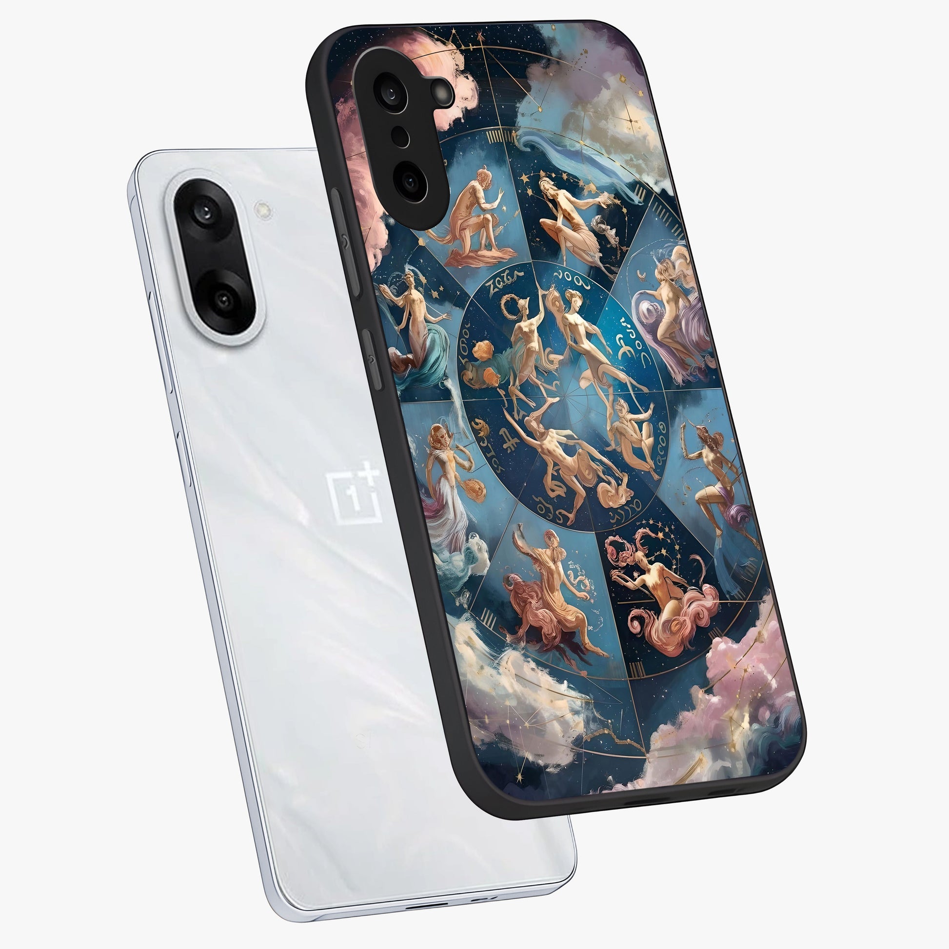 Celestial Signs Dance Glass Case for 1+Nord CE 5 angled mockup showcasing glossy finish and cosmic sign detailing