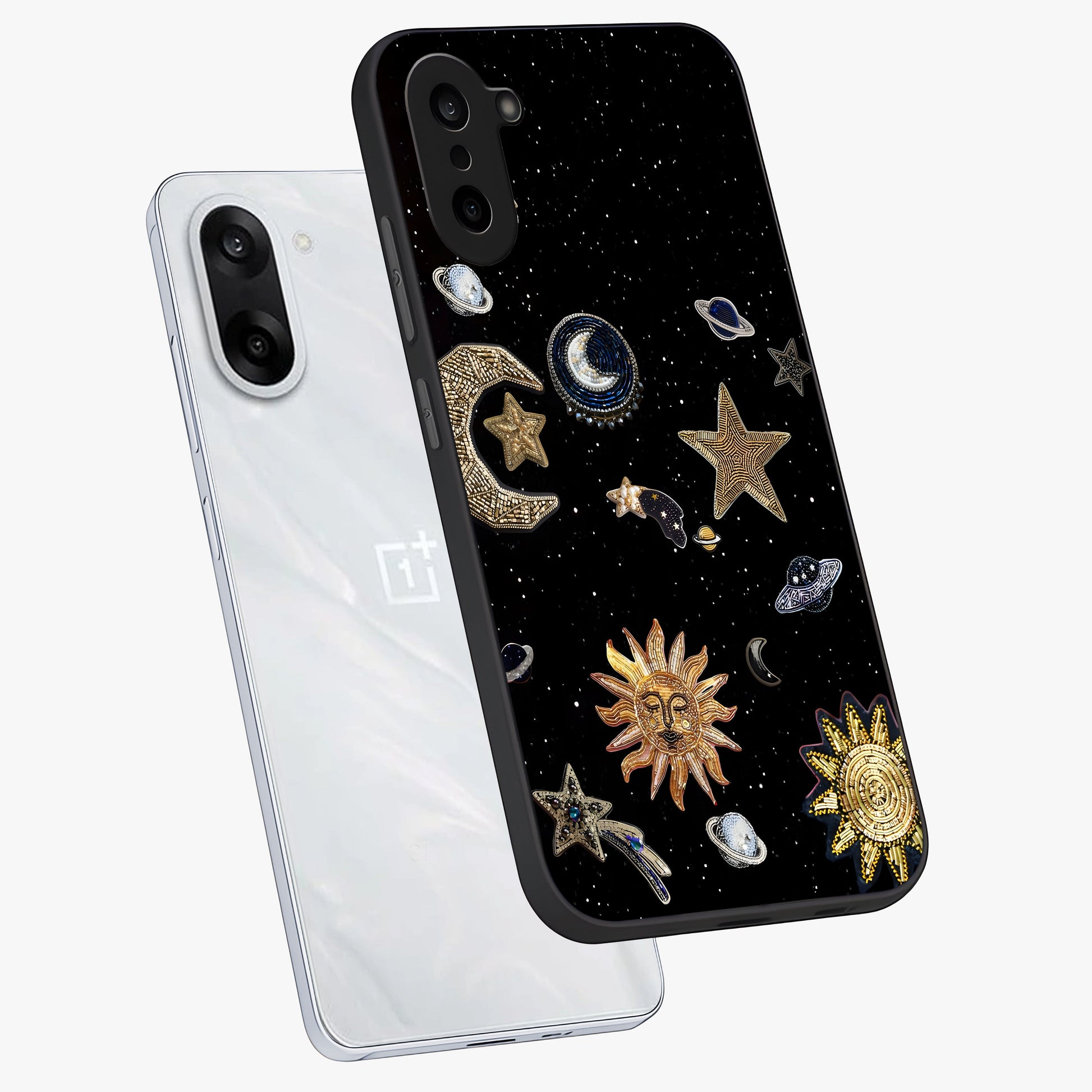 Celestial Star Charm Glass Case for 1+Nord CE 5 angled mockup showcasing glossy finish and shimmering celestial tones