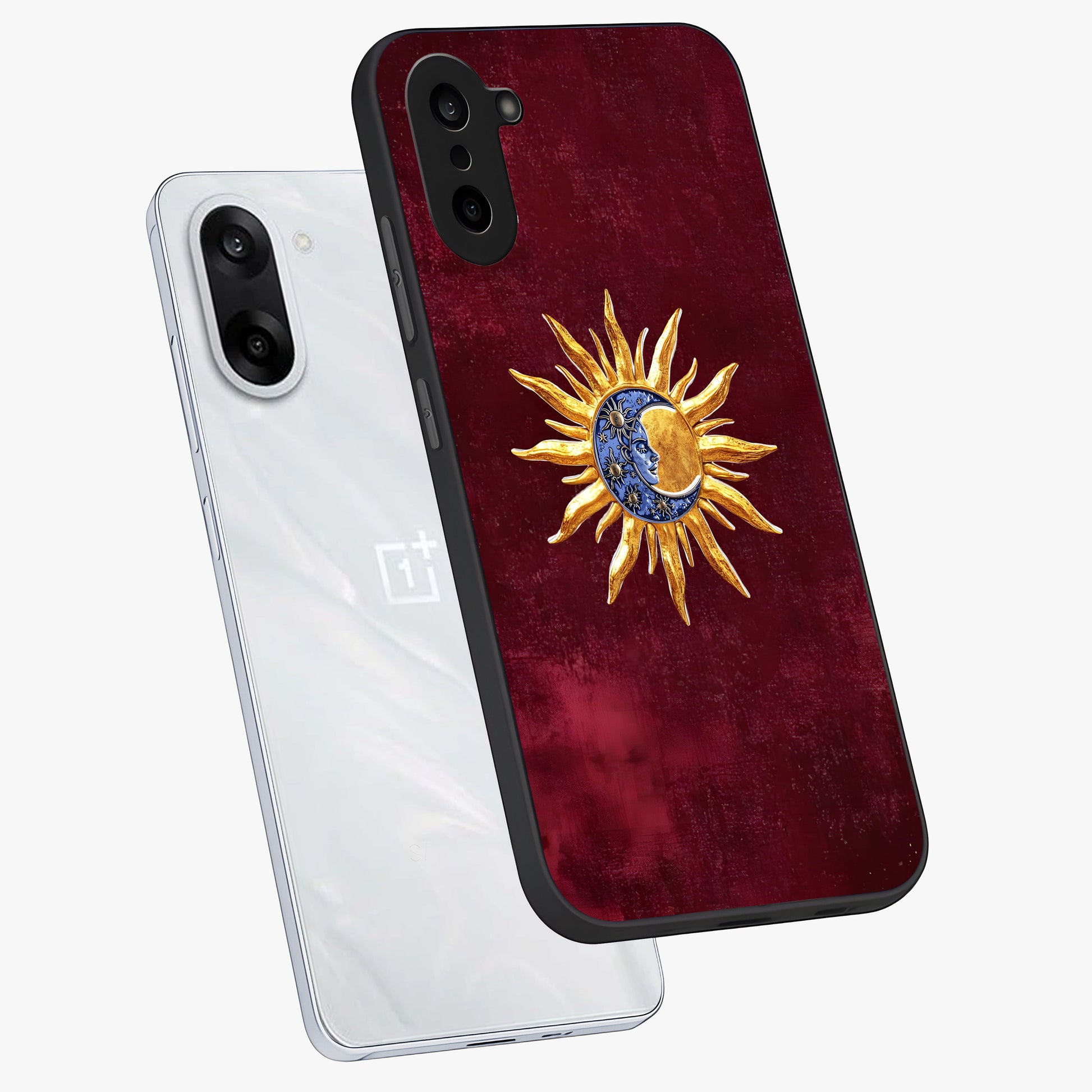 Celestial Unity Charm Glass Case for 1+Nord CE 5 angled mockup showcasing glossy finish and balanced cosmic design