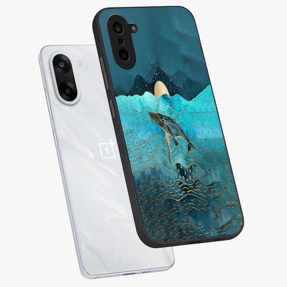 Celestial Whale Voyage Glass Case for 1+Nord CE 5 angled mockup showcasing glossy finish and deep celestial tones