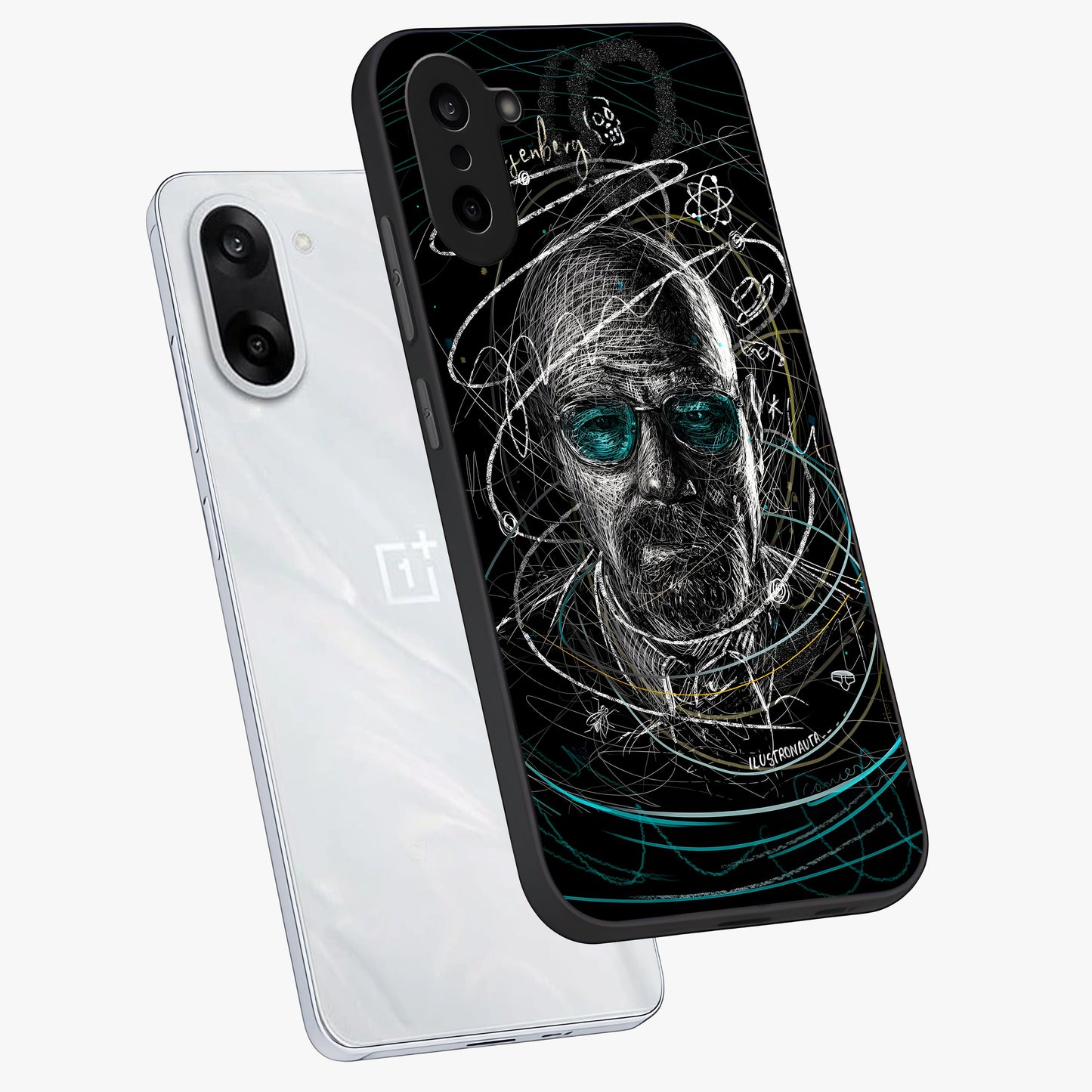 Chaotic Mind Genius Glass Case for 1+Nord CE 5 angled mockup showcasing glossy finish and edgy artistic design