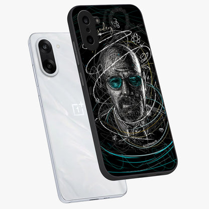Chaotic Mind Genius Glass Case for 1+Nord CE 5 angled mockup showcasing glossy finish and edgy artistic design