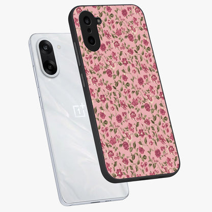 Charming Pink Floral Glass Case for 1+Nord CE 5 angled mockup showcasing glossy finish and elegant bloom detailing