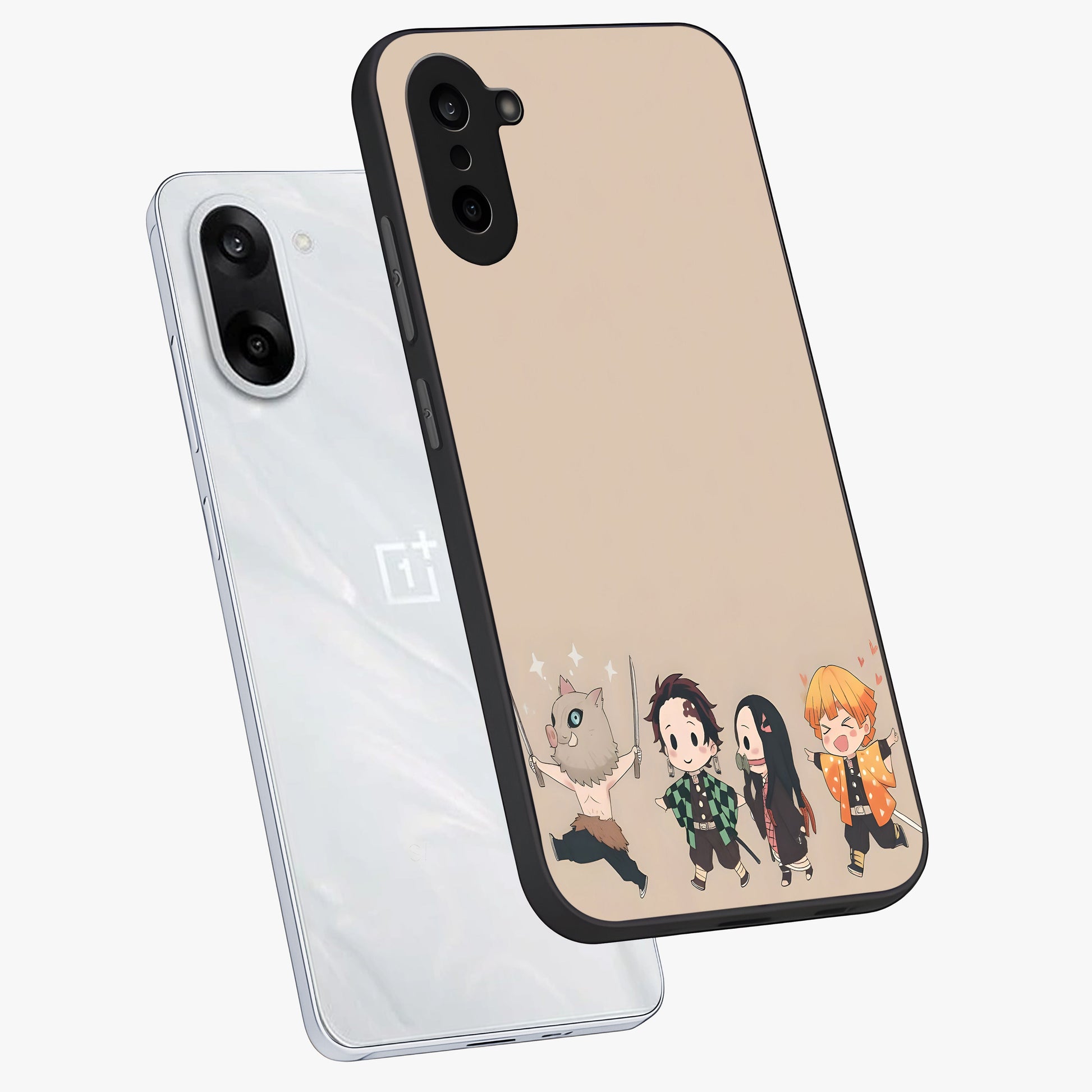 Chibi Demon Squad Glass Case for 1+Nord CE 5 angled mockup showcasing glossy finish and vibrant anime inspired design