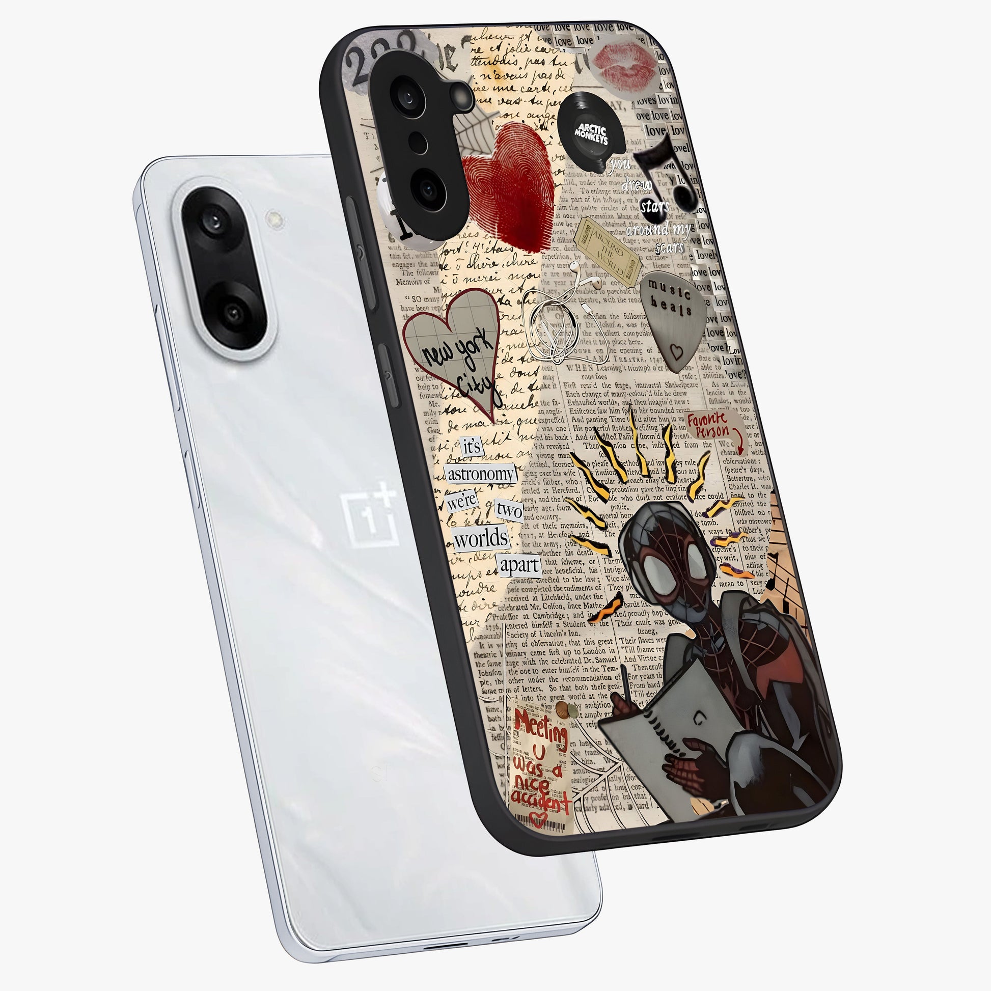 City Dream Sketch Glass Case for 1+Nord CE 5 captured at a warm angle highlighting urban line details, gloss, and edge clarity.