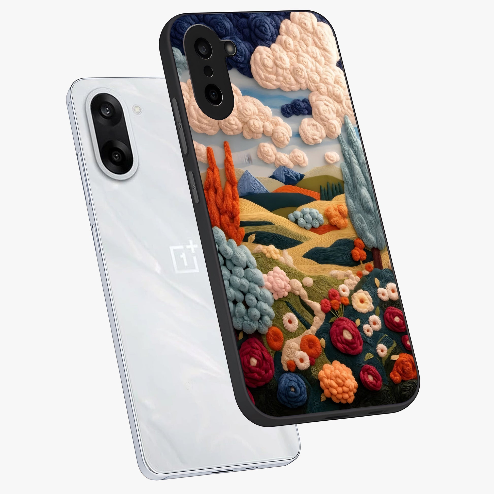 Cloud Cotton Meadows Printed Glass Case for 1+Nord CE 5 angled mockup showcasing glossy glass finish and airy pastel design
