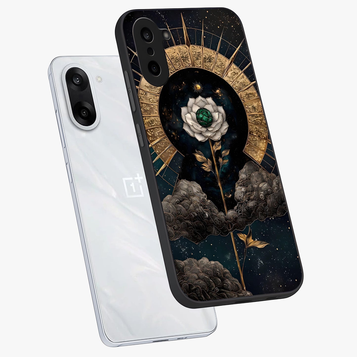 Cosmic Bloom Rose Glass Case for 1+Nord CE 5 angled mockup showcasing glossy finish and vibrant celestial floral tones