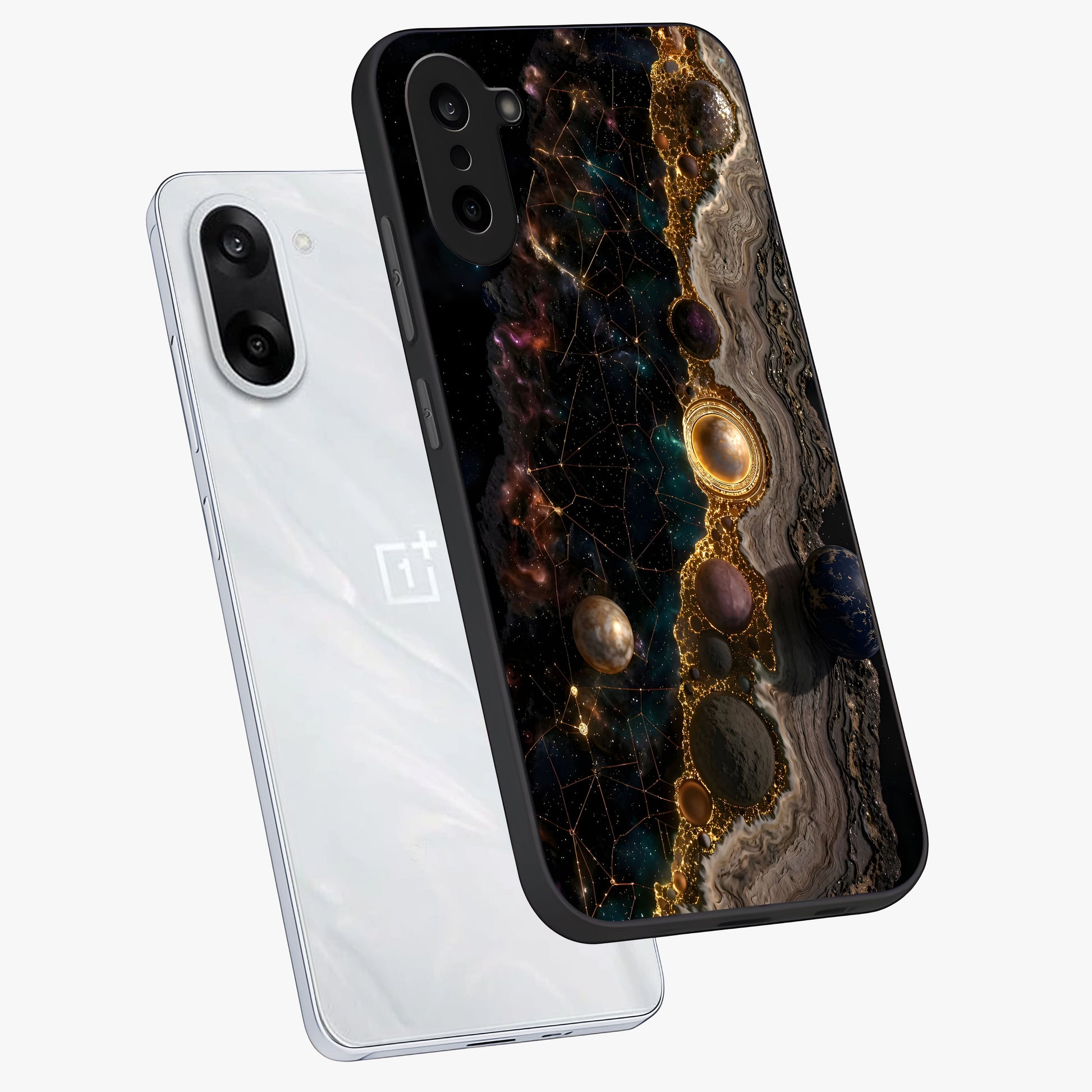 Cosmic Gold Path Glass Case for 1+Nord CE 5 angled mockup showcasing glossy finish and radiant gold accents