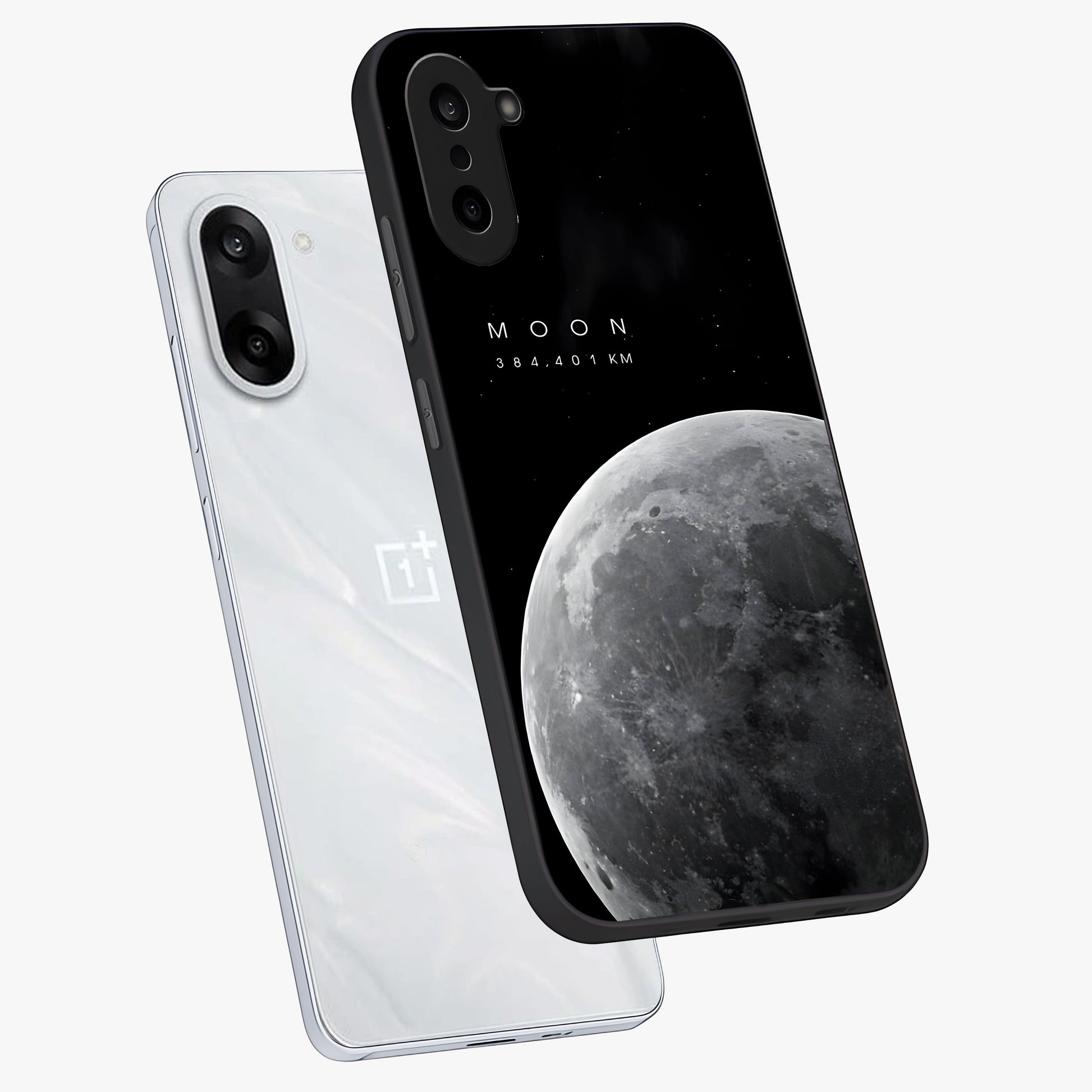 Cosmic Moon Glow Glass Case for 1+Nord CE 5 angled mockup showcasing glossy finish and luminous night design