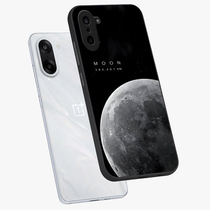 Cosmic Moon Glow Glass Case for 1+Nord CE 5 angled mockup showcasing glossy finish and luminous night design